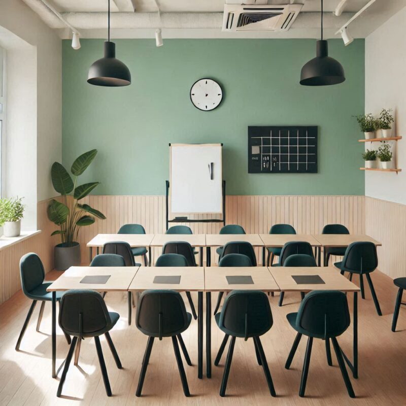 petite salle de formation avec mur en vert pastel contenant un tableau décriture blanc en face et des chaises noirs en position dorsale